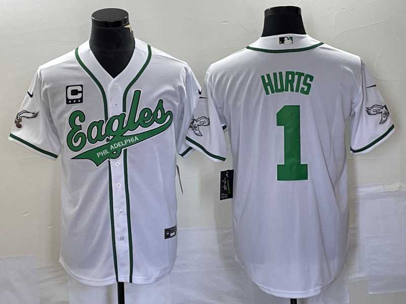 Mens Philadelphia Eagles #1 Jalen Hurts White C Patch Cool Base Stitched Baseball Jersey